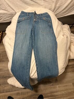 Veronica Beard Light Blue Straight Leg Jeans with Front Button Fly Patch Pockets